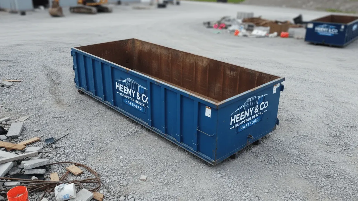 Basement and attic cleanouts in Hartford, Connecticut — container beside a full-basement two-family house
