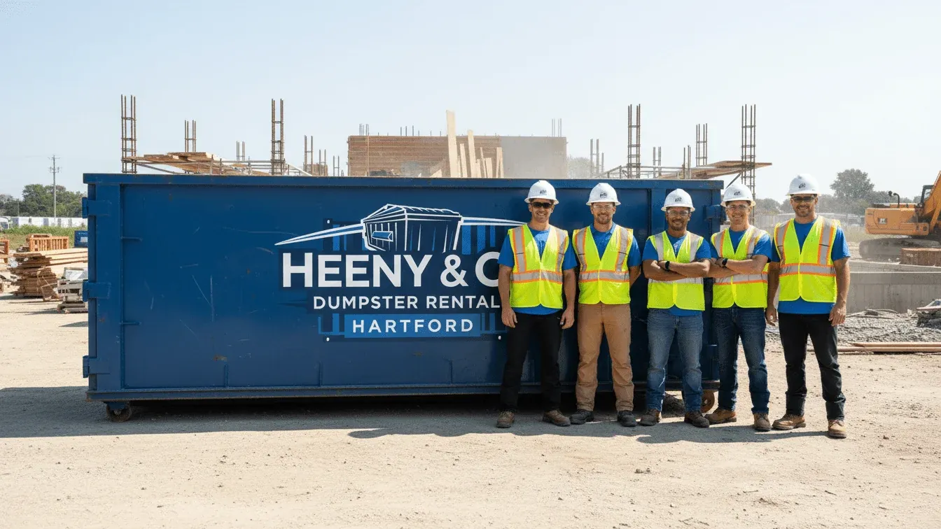 Roll-off dumpster on a residential construction site near Hartford, CT