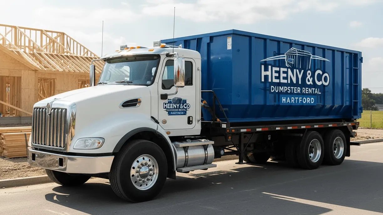 Driveway protection during dumpster delivery in Hartford — protection boards under the container rails