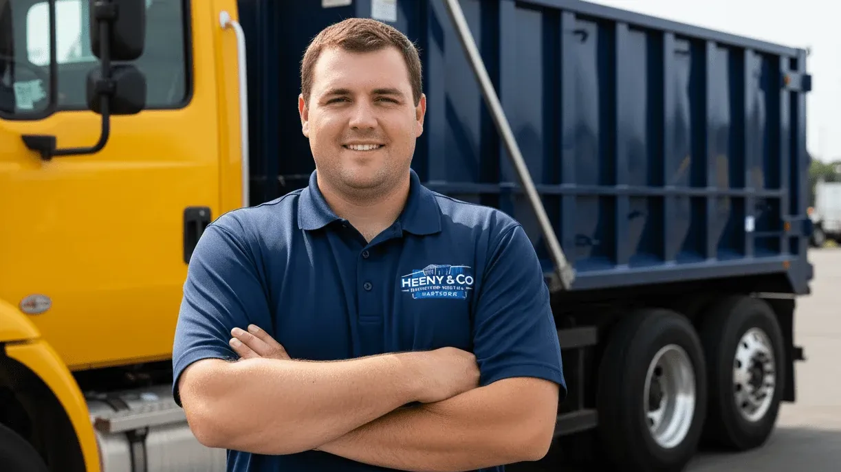 Heeny & Co Dumpster Rental driver talking a customer through container placement in Hartford, CT
