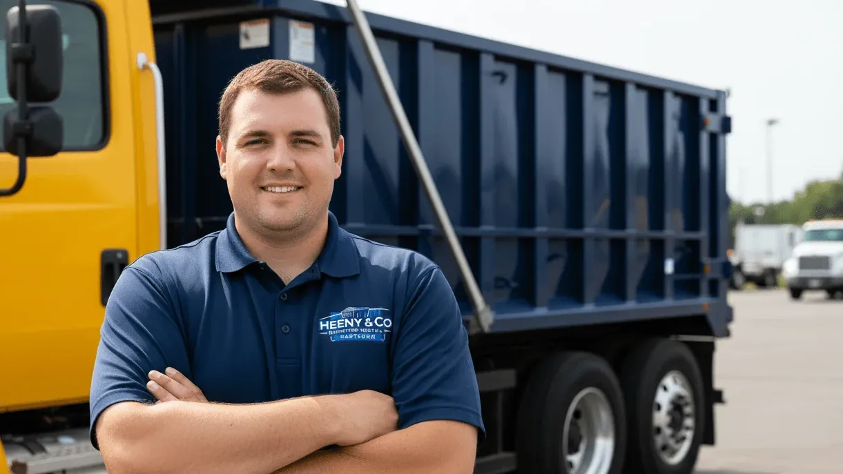 Dumpster rental cost in Hartford, Connecticut — driver going over a flat-rate quote with a customer
