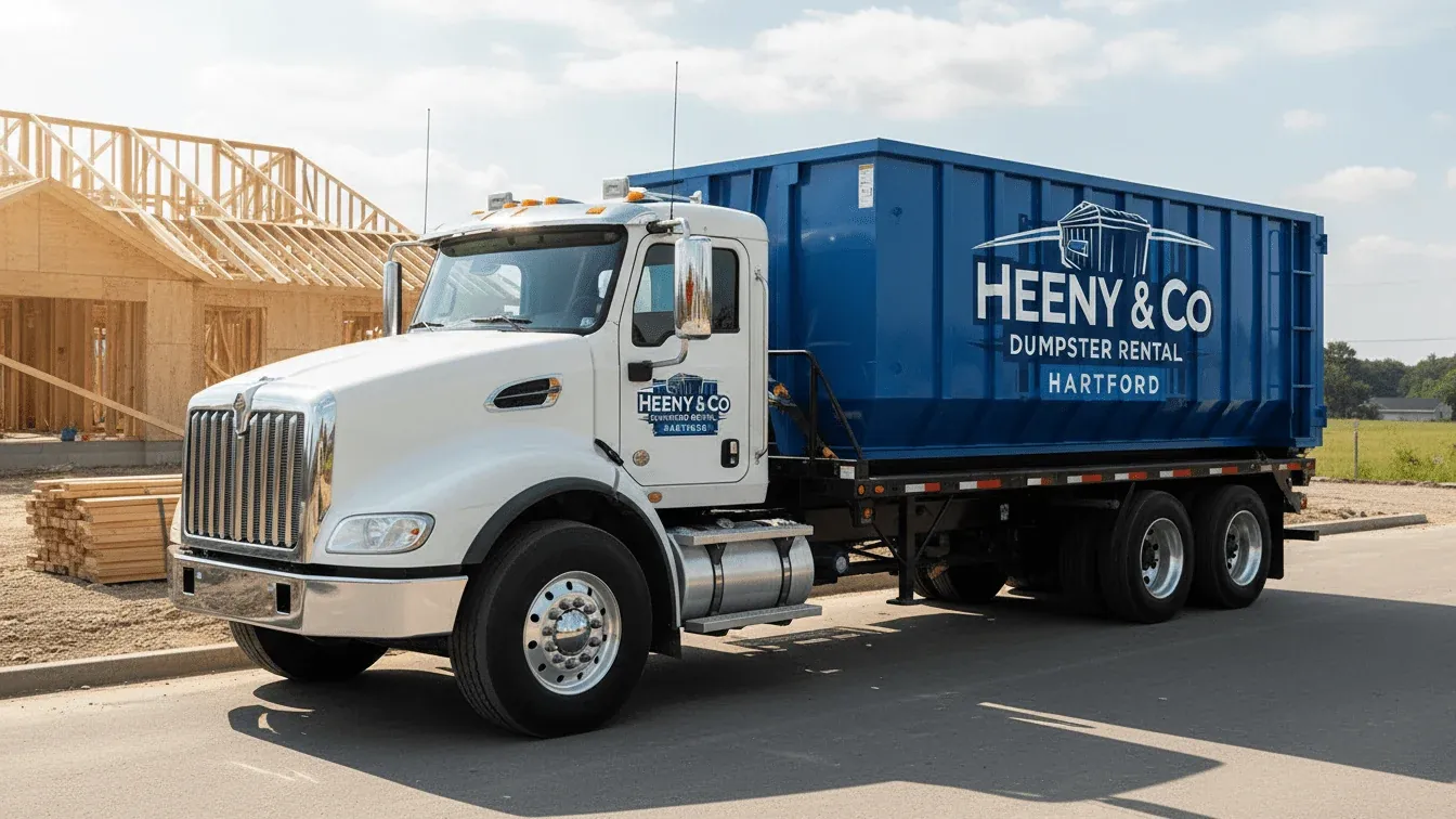Roll-off truck delivering a 30 yard dumpster on a residential street in Hartford, CT