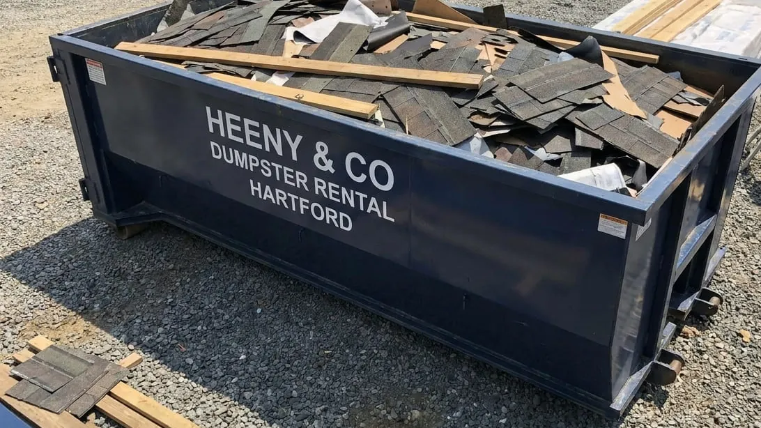 Roofing tear-off dumpster in Hartford, Connecticut — container sized by squares and layers for asphalt shingle