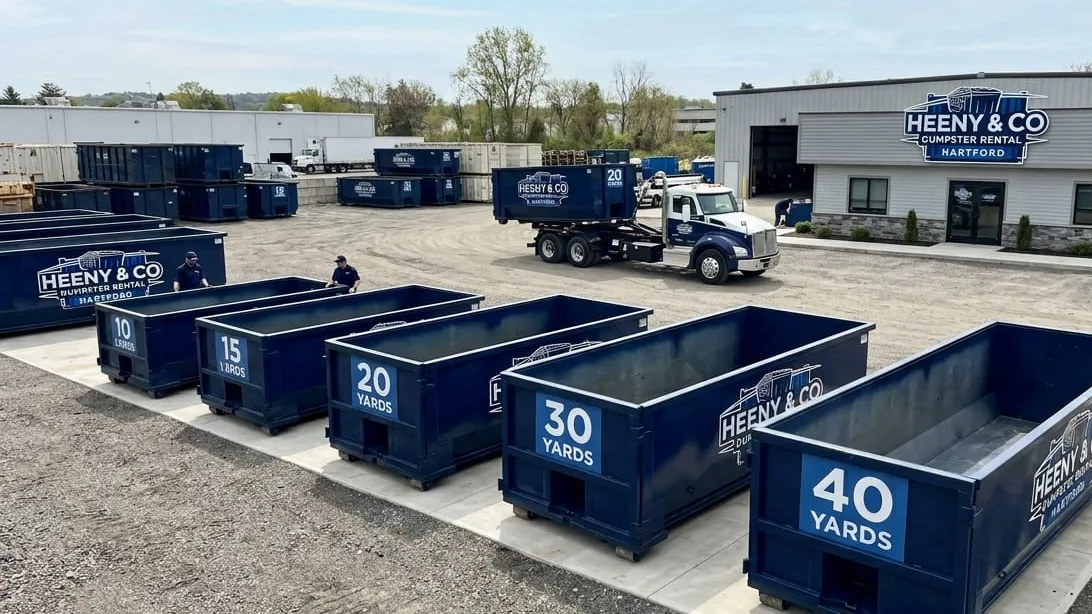What size dumpster do I need in Hartford — roll-off containers lined up by size at the Ledyard Street yard